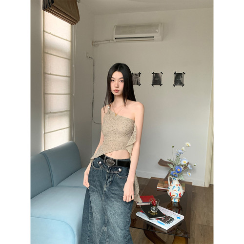 BaiYaShan/白婭衫 性感辣妹不對稱斜肩背心女夏季修身飄帶上衣ins