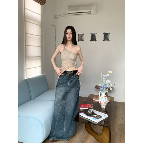 BaiYaShan/白婭衫 性感辣妹不對稱斜肩背心女夏季修身飄帶上衣ins