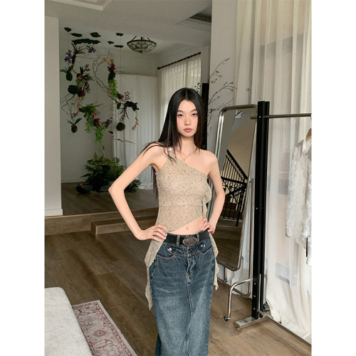 BaiYaShan/白婭衫 性感辣妹不對稱斜肩背心女夏季修身飄帶上衣ins