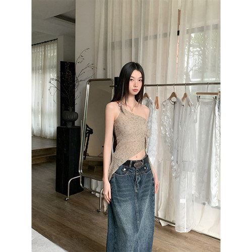 BaiYaShan/白婭衫 性感辣妹不對稱斜肩背心女夏季修身飄帶上衣ins