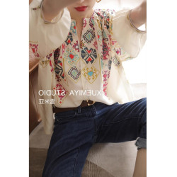 時尚高級感2025年新款春季女裝法式設計七分袖印花復古真絲襯衫衣