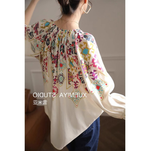 時尚高級感2025年新款春季女裝法式設計七分袖印花復古真絲襯衫衣