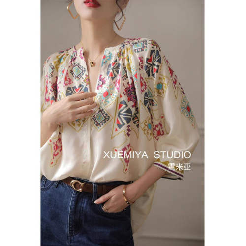 時尚高級感2025年新款春季女裝法式設計七分袖印花復古真絲襯衫衣