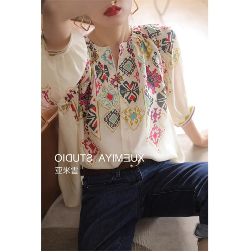 時尚高級感2025年新款春季女裝法式設計七分袖印花復古真絲襯衫衣