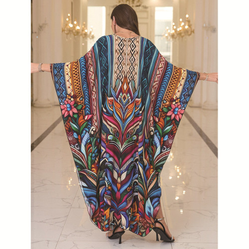 新款歐美防曬棉印花沙灘寬鬆長袍比基尼泳衣外罩衫連衣長裙女