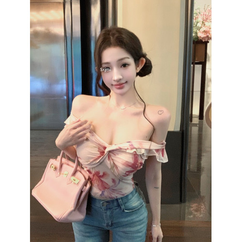 V領露肩印花T恤氣質設計感修身扭結荷葉邊短款上衣