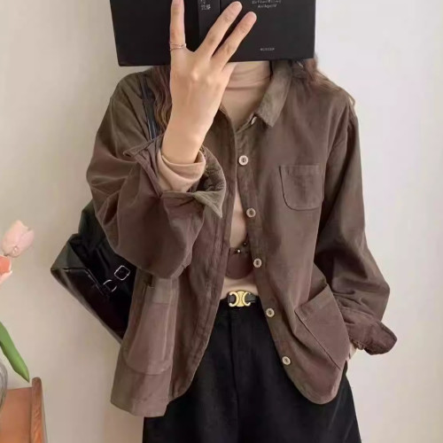 純棉細燈芯絨襯衫女早春新款休閒百搭打底衫長袖上衣0.36 B13211