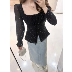 大碼微胖法式波點襯衫女2025新款秋季雪紡小衫胖MM遮肉顯瘦上衣