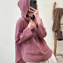 純棉襯衫精美刺綉連帽純色雙層紗套頭襯衣女上衣0.19 B1652