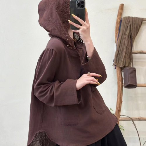 純棉襯衫精美刺綉連帽純色雙層紗套頭襯衣女上衣0.19 B1652