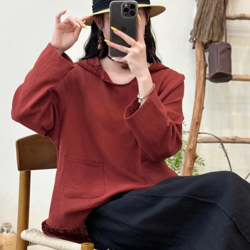 純棉襯衫精美刺綉連帽純色雙層紗套頭襯衣女上衣0.19 B1652