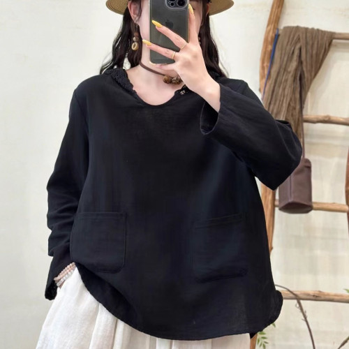 純棉襯衫精美刺綉連帽純色雙層紗套頭襯衣女上衣0.19 B1652