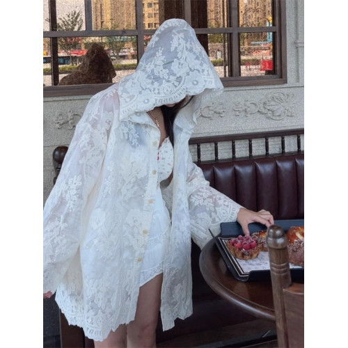 新中式天絲刺綉上衣2025夏季新款小衆蕾絲連帽防曬衣慵懶寬鬆襯衫