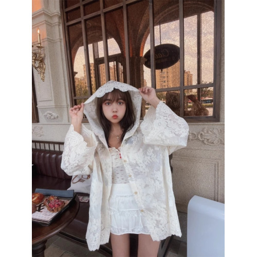 新中式天絲刺綉上衣2025夏季新款小衆蕾絲連帽防曬衣慵懶寬鬆襯衫