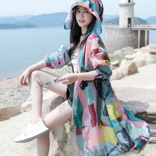 迷彩防曬衣女中長款2023夏新款長袖超仙透氣防曬服過膝洋氣薄外套