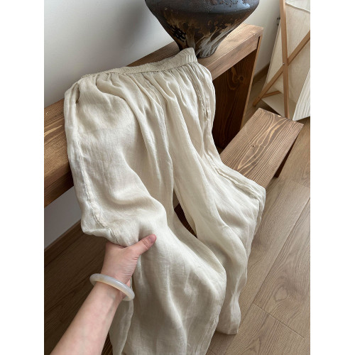 今日頭條封神褲！苧麻杏色雙層濶腿褲裙女夏季寬鬆大碼休閒九分褲