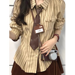 2025春秋復古學院風條紋設計感小衆襯衫長袖寬鬆新款韓版襯衣潮