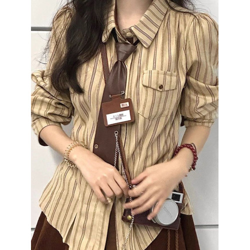 2025春秋復古學院風條紋設計感小衆襯衫長袖寬鬆新款韓版襯衣潮