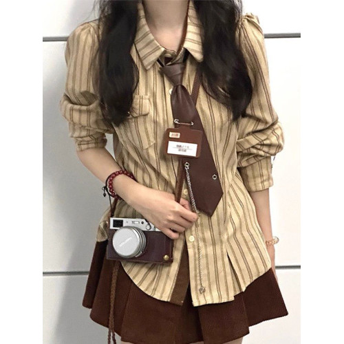 2025春秋復古學院風條紋設計感小衆襯衫長袖寬鬆新款韓版襯衣潮