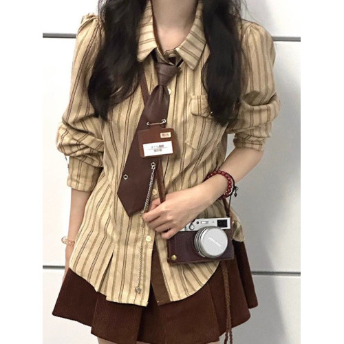 2025春秋復古學院風條紋設計感小衆襯衫長袖寬鬆新款韓版襯衣潮