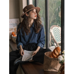 法式復古藍色牛仔襯衫外套女春秋小個子休閒寬鬆襯衣外搭開衫上衣