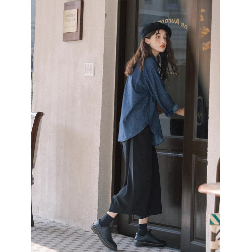 法式復古藍色牛仔襯衫外套女春秋小個子休閒寬鬆襯衣外搭開衫上衣