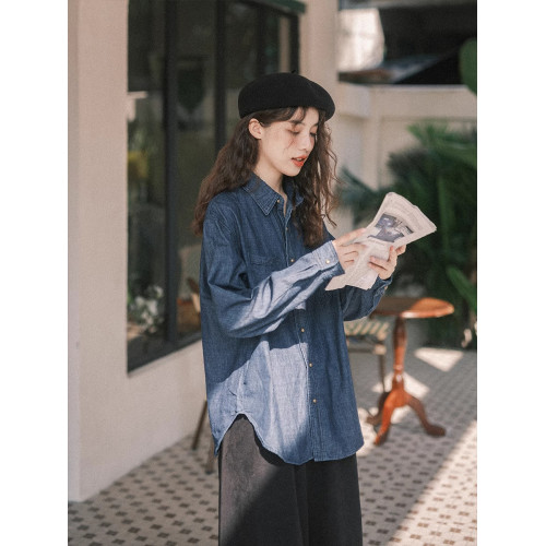 法式復古藍色牛仔襯衫外套女春秋小個子休閒寬鬆襯衣外搭開衫上衣