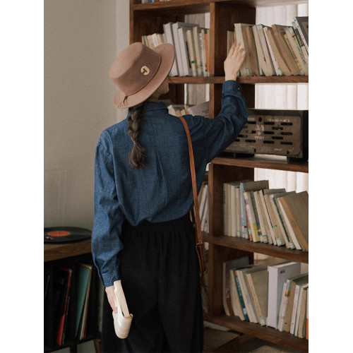 法式復古藍色牛仔襯衫外套女春秋小個子休閒寬鬆襯衣外搭開衫上衣