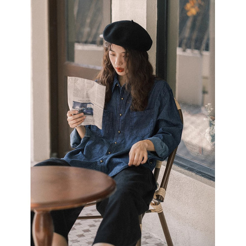 法式復古藍色牛仔襯衫外套女春秋小個子休閒寬鬆襯衣外搭開衫上衣