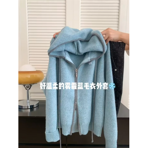 2025秋冬新款雙拉鍊連帽針織開衫女冬季新款寬鬆顯瘦減齡毛衣外套