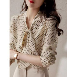 系帶領襯衫女秋季2025長袖百搭上衣時尚氣質設計感小衆波點雪紡衫