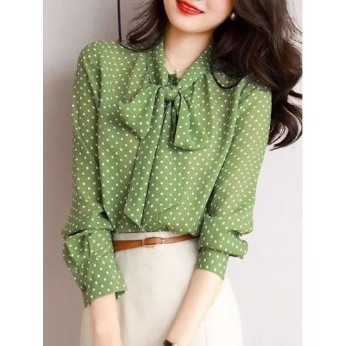 系帶領襯衫女秋季2025長袖百搭上衣時尚氣質設計感小衆波點雪紡衫