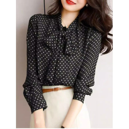 系帶領襯衫女秋季2025長袖百搭上衣時尚氣質設計感小衆波點雪紡衫
