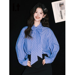 it:CHOCOOLATE別致藍色條紋蝴蝶結長袖襯衫女法式ins寬鬆氣質上衣