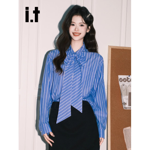 it:CHOCOOLATE別致藍色條紋蝴蝶結長袖襯衫女法式ins寬鬆氣質上衣