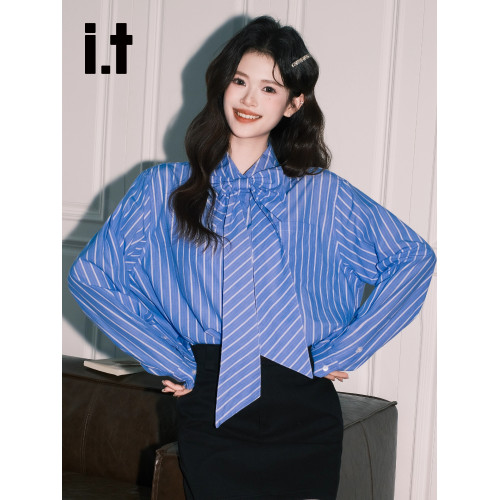 it:CHOCOOLATE別致藍色條紋蝴蝶結長袖襯衫女法式ins寬鬆氣質上衣