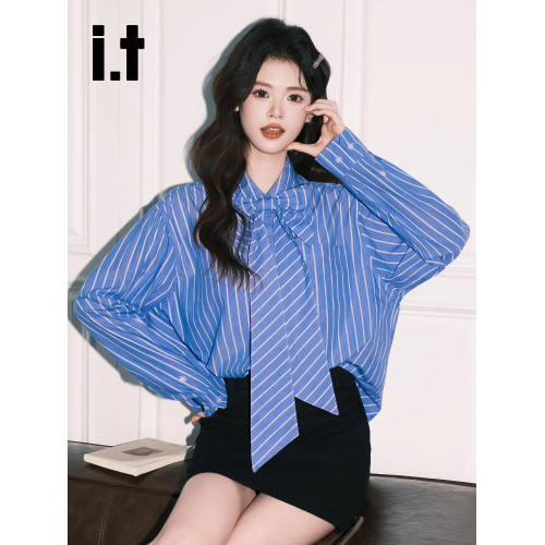 it:CHOCOOLATE別致藍色條紋蝴蝶結長袖襯衫女法式ins寬鬆氣質上衣