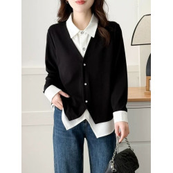 特大碼胖妹妹300斤新款顯瘦時尚通勤條紋襯衫領假兩件單排釦上衣