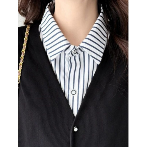 特大碼胖妹妹300斤新款顯瘦時尚通勤條紋襯衫領假兩件單排釦上衣