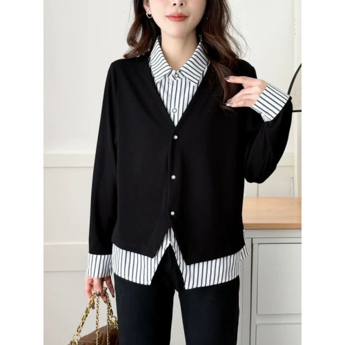 特大碼胖妹妹300斤新款顯瘦時尚通勤條紋襯衫領假兩件單排釦上衣