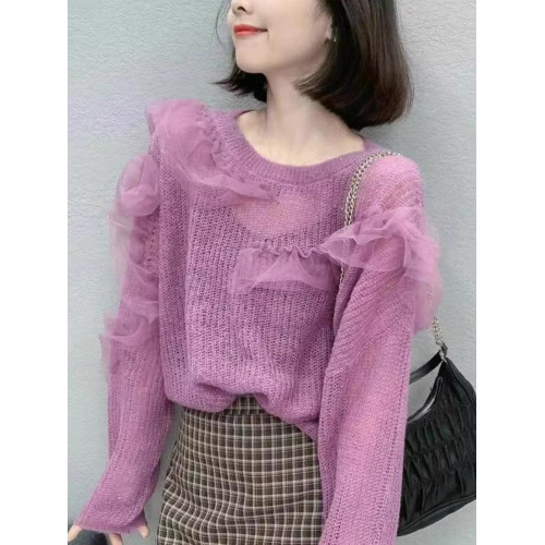 高級歐貨氣質網紗拼接圓領套頭長袖針織衫時尚木耳邊寬鬆防曬上衣