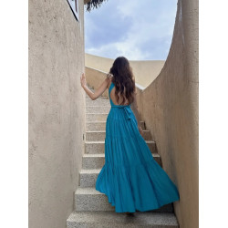 法式藍色V領掛脖吊帶連衣裙女夏季海邊度假高級感氣質露背長裙子