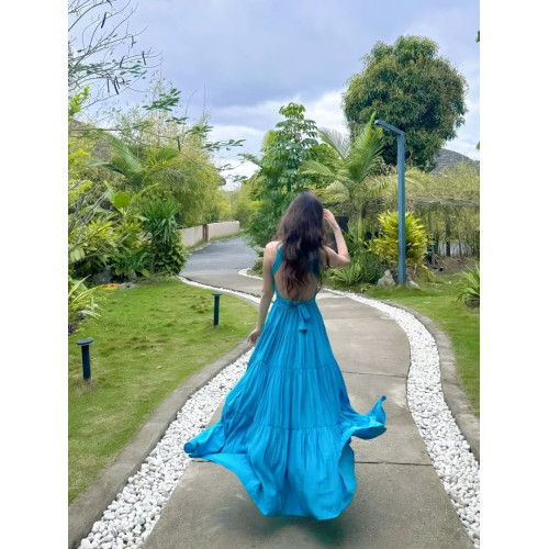 法式藍色V領掛脖吊帶連衣裙女夏季海邊度假高級感氣質露背長裙子
