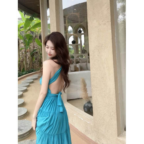 法式藍色V領掛脖吊帶連衣裙女夏季海邊度假高級感氣質露背長裙子