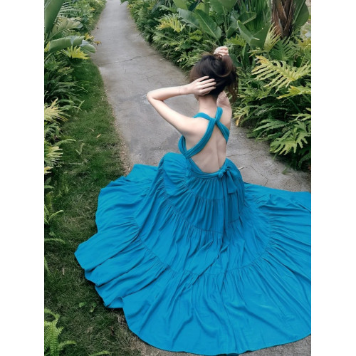 法式藍色V領掛脖吊帶連衣裙女夏季海邊度假高級感氣質露背長裙子
