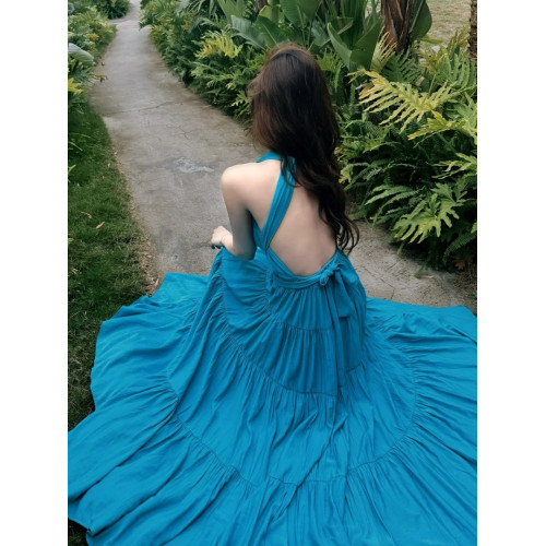 法式藍色V領掛脖吊帶連衣裙女夏季海邊度假高級感氣質露背長裙子