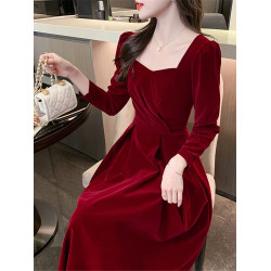 2025秋冬新款復古小紅裙結婚訂婚廻門敬酒服高級感禮服紅色連衣裙