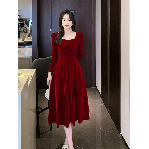 2025秋冬新款復古小紅裙結婚訂婚廻門敬酒服高級感禮服紅色連衣裙