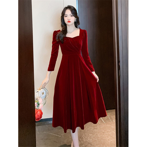 2025秋冬新款復古小紅裙結婚訂婚廻門敬酒服高級感禮服紅色連衣裙