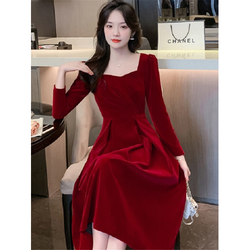 2025秋冬新款復古小紅裙結婚訂婚廻門敬酒服高級感禮服紅色連衣裙